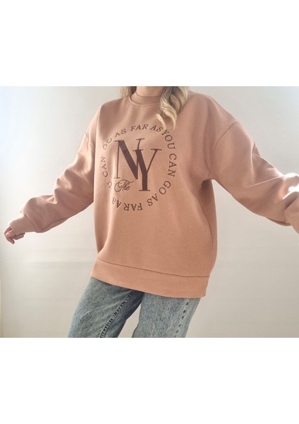 Nakış Desenli,oversize,bisiklet Yaka Spor Şık ,3 Iplik Şardonlu , Kadın Sweatshirt
