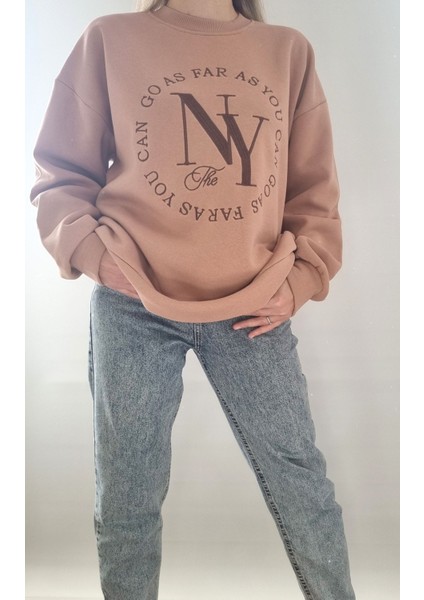 Nakış Desenli,oversize,bisiklet Yaka Spor Şık ,3 Iplik Şardonlu , Kadın Sweatshirt