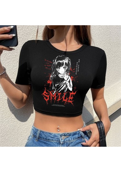 Gothic Girl Smile Baskılı Siyah Crop