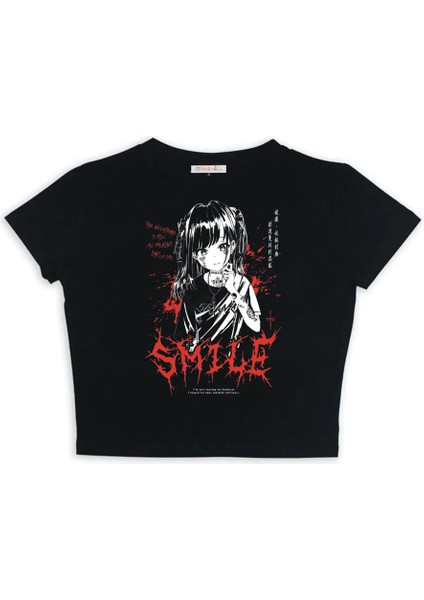 Gothic Girl Smile Baskılı Siyah Crop fiyatları