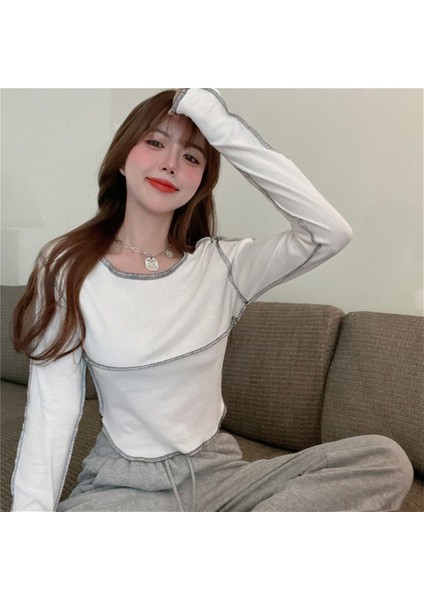 Y2K Streetwear Ters Dikiş Detaylı Uzun Kollu Beyaz Crop