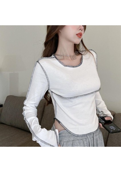 Y2K Streetwear Ters Dikiş Detaylı Uzun Kollu Beyaz Crop indirimleri