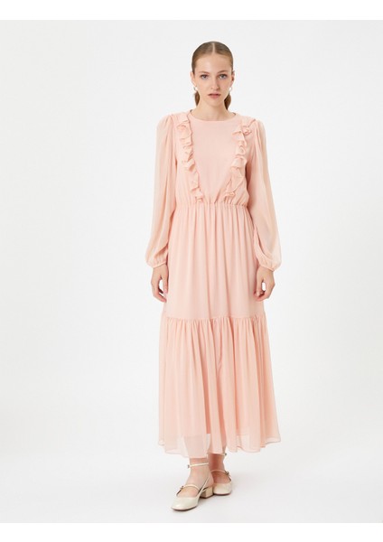 Şifon Uzun Elbise Balon Kol Fırfırlı Bisiklet Yaka fiyatları