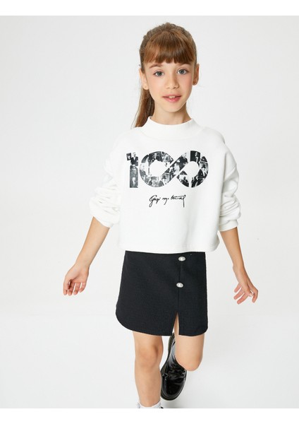 Cumhuriyet Baskılı Crop Sweatshirt Uzun Kollu Bisiklet Yaka Şardonlu - 100. Yıl