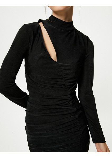 Mini Kalem Elbise Pencere Detaylı Dik Yaka Drape Detaylı Uzun Kollu indirimleri