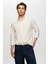 Slim Fit Bej Çizgili Düğmeli Yaka %100 Pamuk Flamlı Yazlık Keten Görünümlü Gömlek 0HC02ORT06265 2