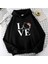 Love Cat Baskılı Siyah Oversize Kapüşonlu Sweatshirt 2