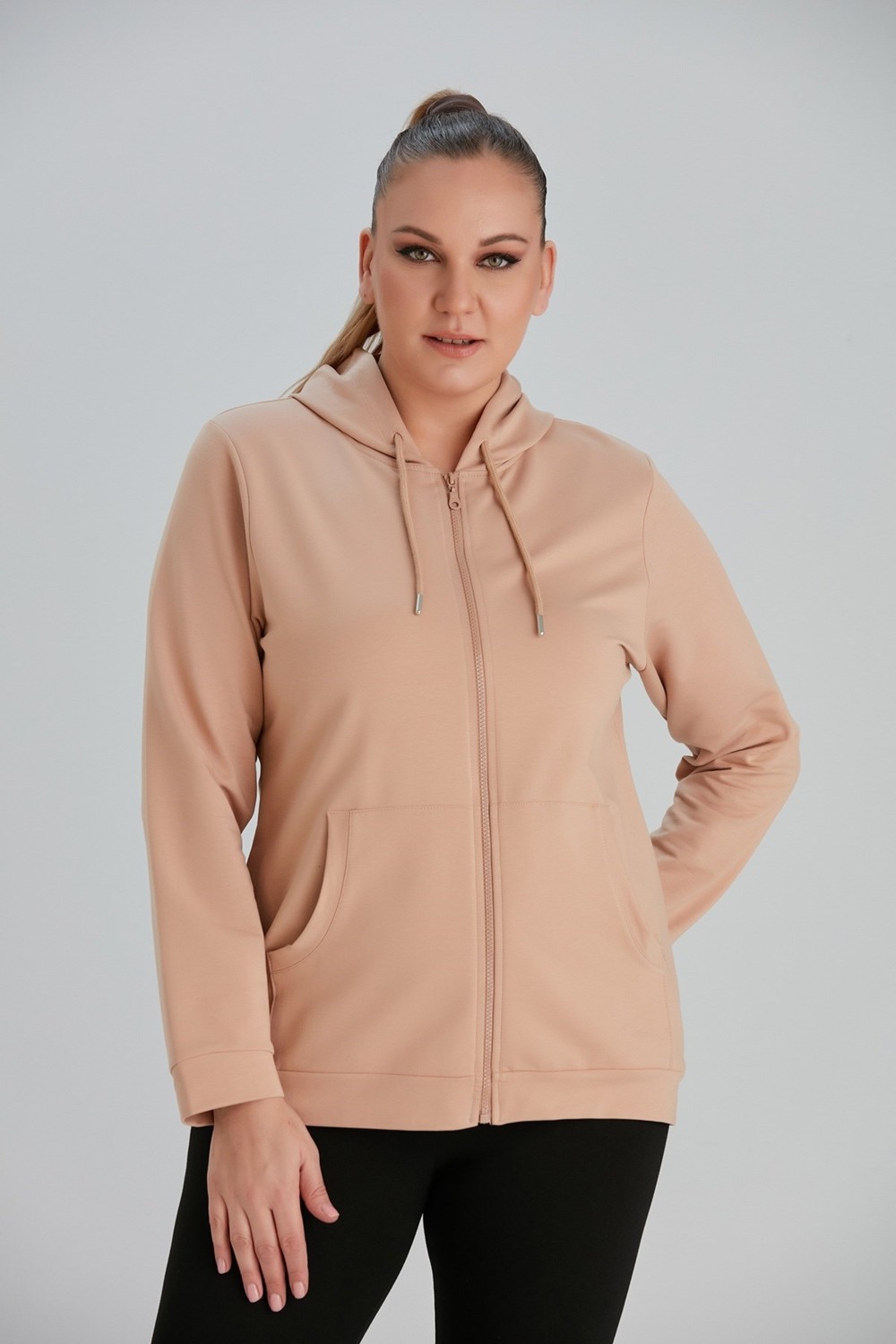 Rmg Fermuar Detaylı Büyük Beden Vizon Eşofman Üst