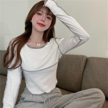 Touz Moda  Y2K Streetwear Ters Dikiş Detaylı Uzun Kollu Beyaz Crop HBCV000057G05Y