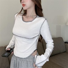 Touz Moda  Y2K Streetwear Ters Dikiş Detaylı Uzun Kollu Beyaz Crop HBCV000057G05Y