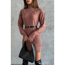 Nosia Fashion Triko Örgü Desenli Tarçın Renk Mini Elbise