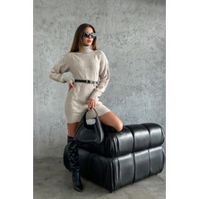 Nosia Fashion Triko Örme Desenli Vizon Mini Elbise
