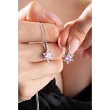 Nereze 925 Ayar Gümüş Pembe Oval Taşlı Küpe ve Kolye Set