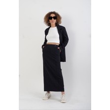 Zelish My Sister Lacivert  Poly Çizgili Yan Yırtmaçlı Etek