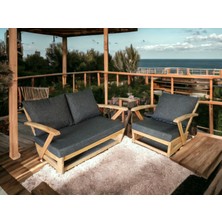 Zerka Concept Monza Bahçe Balkon Masif Kestane Ahşap Kollu Koltuk - 1 Adet Tekli 1 Adet Ikili Koltuk Antrasit Gri