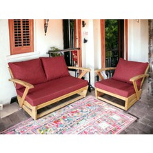 Zerka Concept Monza Bahçe Balkon Masif Kestane Ahşap Kollu Koltuk - 1 Adet Tekli 1 Adet Ikili Koltuk Bordo