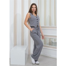 Nuseel Kadın Keten Kumaş Yelekli Ikili Takım Gri