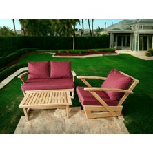 Zerka Concept Monza Bahçe Balkon Masif Kestane Ahşap Kollu Koltuk Takımı - 1 Adet Ikili 1 Adet Tekli ve Orta Sehpa Bordo