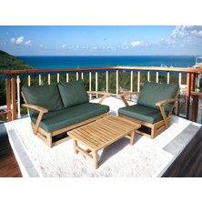 Zerka Concept Monza Bahçe Balkon Masif Kestane Ahşap Kollu Koltuk Takımı - 1 Adet Ikili 1 Adet Tekli ve Orta Sehpa Haki Yeşil