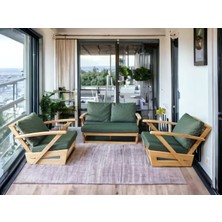 Zerka Concept Monza Bahçe Balkon Masif Kestane Ahşap Kollu Koltuk Takımı - 1 Adet Ikili 2 Adet Tekli Haki Yeşil