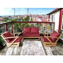 Zerka Concept Monza Bahçe Balkon Masif Kestane Ahşap Kollu Koltuk Takımı - 1 Adet Ikili 2 Adet Tekli Bordo