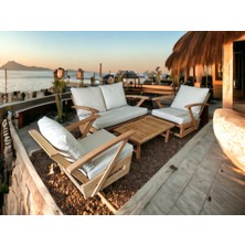 Zerka Concept Monza Bahçe Balkon Masif Kestane Ahşap Kollu Koltuk Takımı - 1 Adet Ikili 2 Adet Tekli ve Orta Sehpa Krem