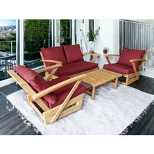 Zerka Concept Monza Bahçe Balkon Masif Kestane Ahşap Kollu Koltuk Takımı - 1 Adet Ikili 2 Adet Tekli ve Orta Sehpa Bordo