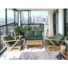 Zerka Concept Monza Bahçe Balkon Masif Kestane Ahşap Kollu Koltuk Takımı - 1 Adet Ikili 2 Adet Tekli ve Orta Sehpa Haki Yeşil