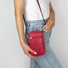 MÇ Deri Kadın Çapraz Askılı Telefon Çantası Dört Bölmeli Hakiki Gerçek Deri Çanta