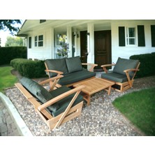 Zerka Concept Monza Bahçe Balkon Masif Kestane Ahşap Kollu Koltuk Takımı - 1 Adet Ikili 3 Adet Tekli ve Orta Sehpa Haki Yeşil