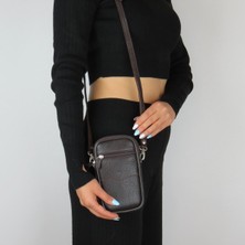 MÇ Deri Kadın Çapraz Askılı Telefon Çantası Üç Bölmeli Hakiki Gerçek Deri Çanta