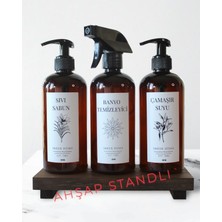 IMKER HOME Ahşap Stantlı Amber Plastik Pompalı Sıvı Sabunluk Fısfıslı Banyo Temizleyici Çamaşır Suyu Şişesi