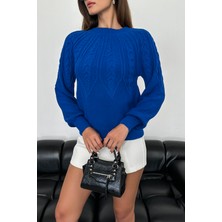 Nosia Fashion Saç Örgü Desenli Saks Mavi Triko Kazak