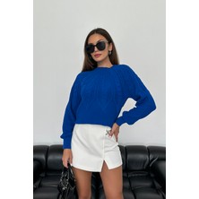 Nosia Fashion Saç Örgü Desenli Saks Mavi Triko Kazak