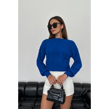 Nosia Fashion Saç Örgü Desenli Saks Mavi Triko Kazak