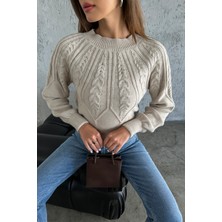 Nosia Fashion Saç Örgü Desenli Vizon Renk Triko Kazak