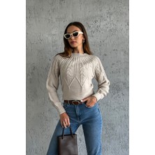 Nosia Fashion Saç Örgü Desenli Vizon Renk Triko Kazak