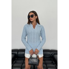 Nosia Fashion Polo Yaka Saç Örgü Detaylı Bebe Mavisi Triko Kazak