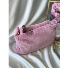 Peluş Makyaj Çantası Pudra Pembe Saten