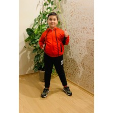 FS Erkek Çocuk Kırmızı Siyah Parçalı Fermuarlı Cepli Kapşonlu Arkası Baskılı Sweatshirt