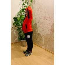 FS Erkek Çocuk Kırmızı Siyah Parçalı Fermuarlı Cepli Kapşonlu Arkası Baskılı Sweatshirt