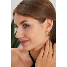 Lina Tia Kadın Lonela Model Altın Kaplama Halkalı Çelik Zirkon Taşlı Günlük Abiye Kombin Trend Stil Küpe Takı