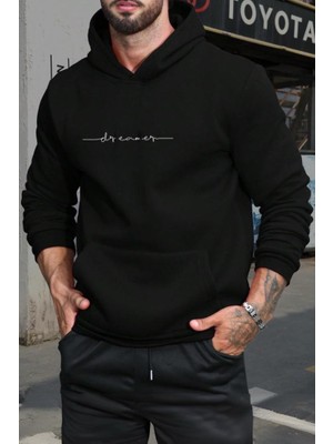 Oksit Erkek Kapüşonlu Sweatshirt Düz Renk Ön Yazı Baskılı Konforlu Tasarım