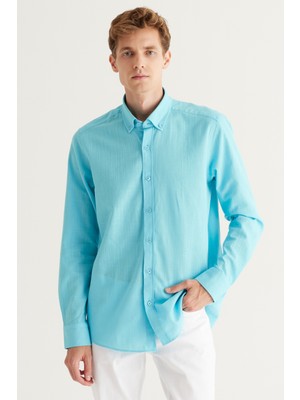 Altınyıldız Classics Erkek Turkuaz Slim Fit Düğmeli Yaka Keten Görünümlü %100 Pamuk Flamlı Gömlek