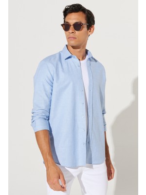 Altınyıldız Classics Erkek Açık Mavi Slim Fit Dar Kesim Klasik Yaka Diyagonal Desenli Keten Gömlek
