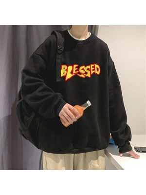 Touz Moda Blessed Baskılı Siyah Oversize Bisiklet Yaka Sweatshirt