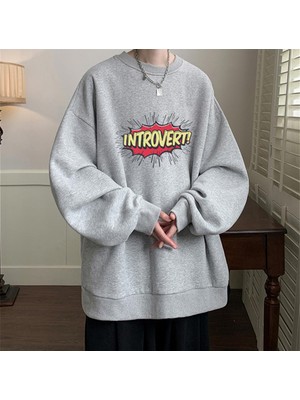 Touz Moda  Introvert Baskılı Gri Unisex Oversize Bisiklet Yaka Sweatshirt