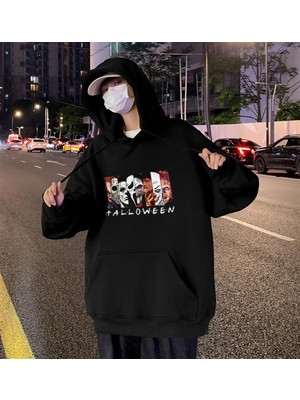 Touz Moda Halloween Bad Characters Baskılı Siyah Oversize Kapüşonlu Sweatshirt