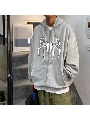 Touz Moda  Spider Baskılı Oversize Fermuarlı Gri Unisex Kapüşonlu Hırka