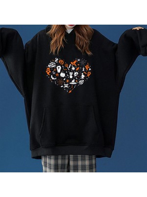 Touz Moda Halloween Heart Baskılı Siyah Oversize Kapüşonlu Sweatshirt